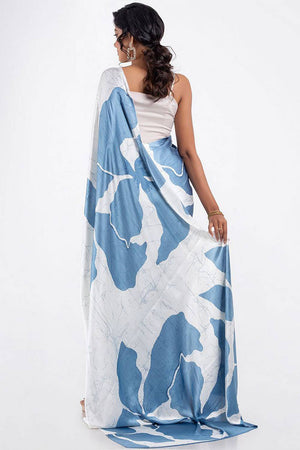 Light Blue Floral Printed Satin Saree