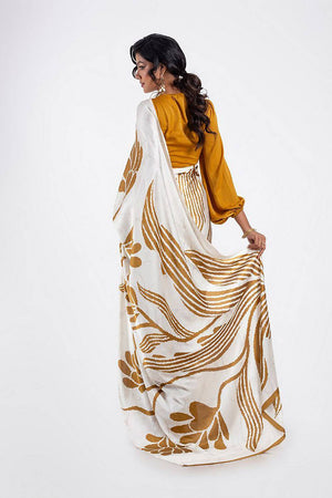 Mustard Floral Printed Satin Saree (Sudha-113)