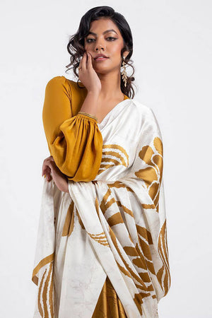 Mustard Floral Printed Satin Saree (Sudha-113)