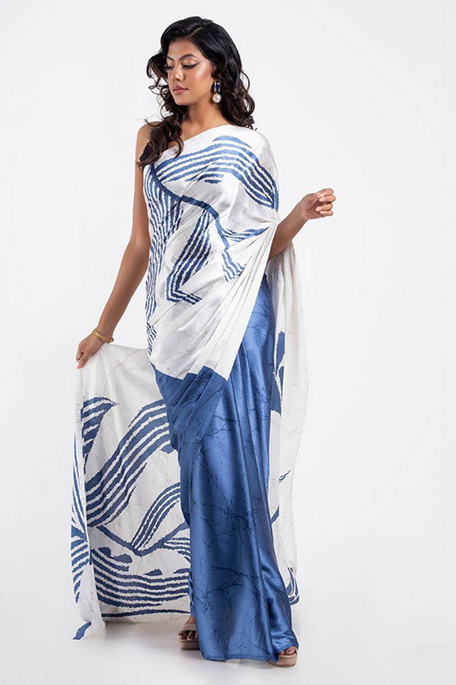 Light Blue Floral Printed Satin Saree