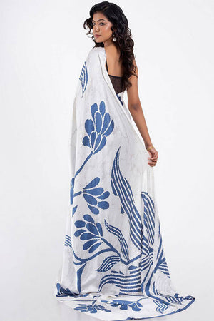 Light Blue Floral Printed Satin Saree