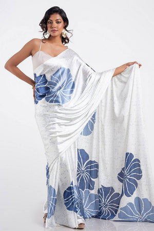 White Floral Printed Satin Saree