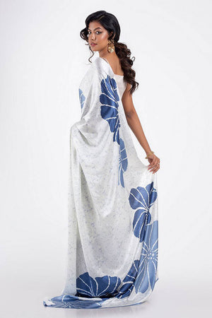 White Floral Printed Satin Saree