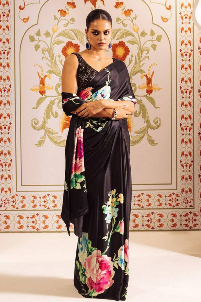 Black Floral Printed Satin Saree