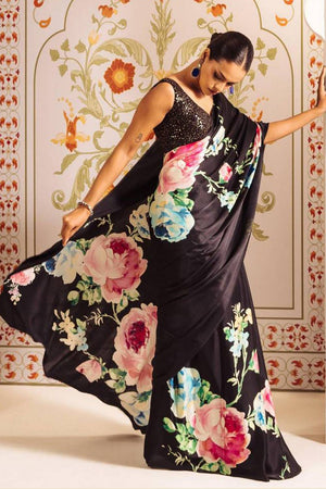 Black Floral Printed Satin Saree
