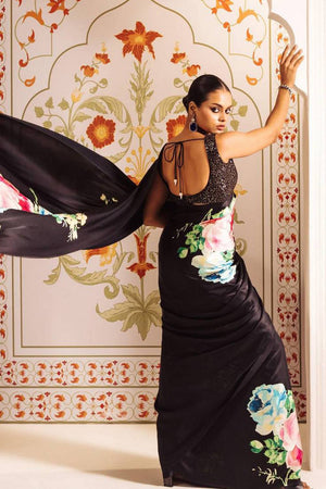 Black Floral Printed Satin Saree