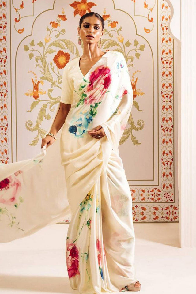 Black Floral Printed Satin Saree