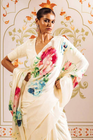 Cream Floral Printed Satin Saree