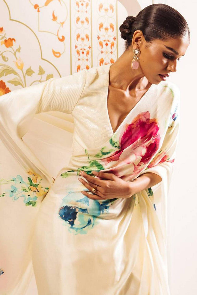 Cream Floral Printed Satin Saree