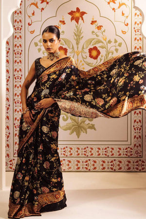 Black Floral Printed Satin Saree