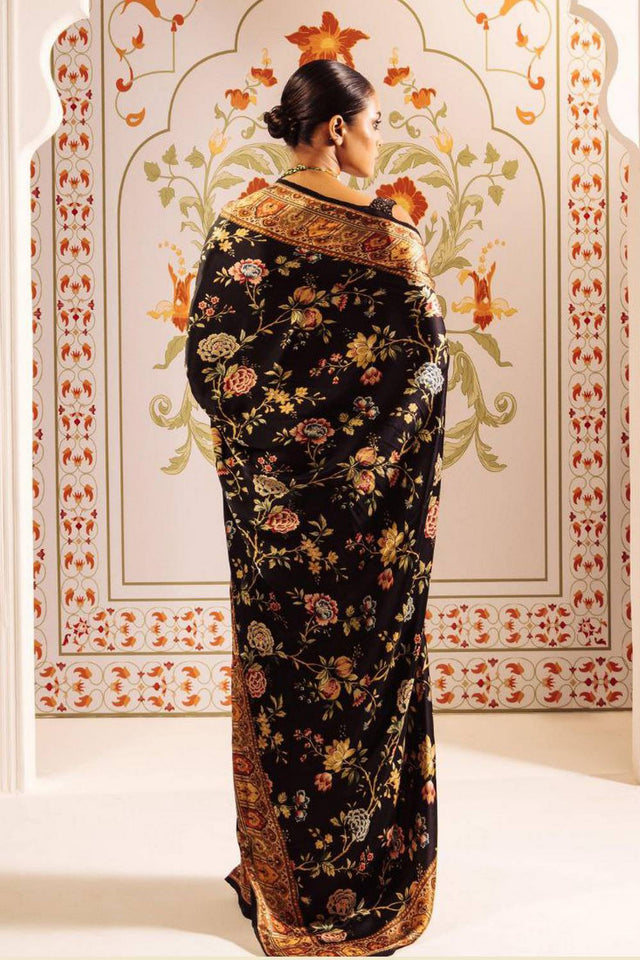 Black Floral Printed Satin Saree