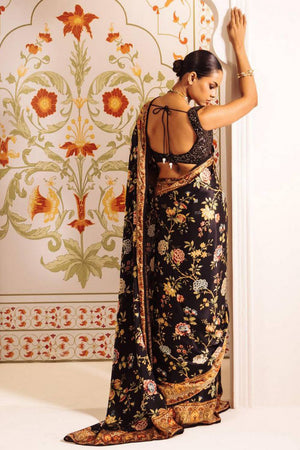 Black Floral Printed Satin Saree