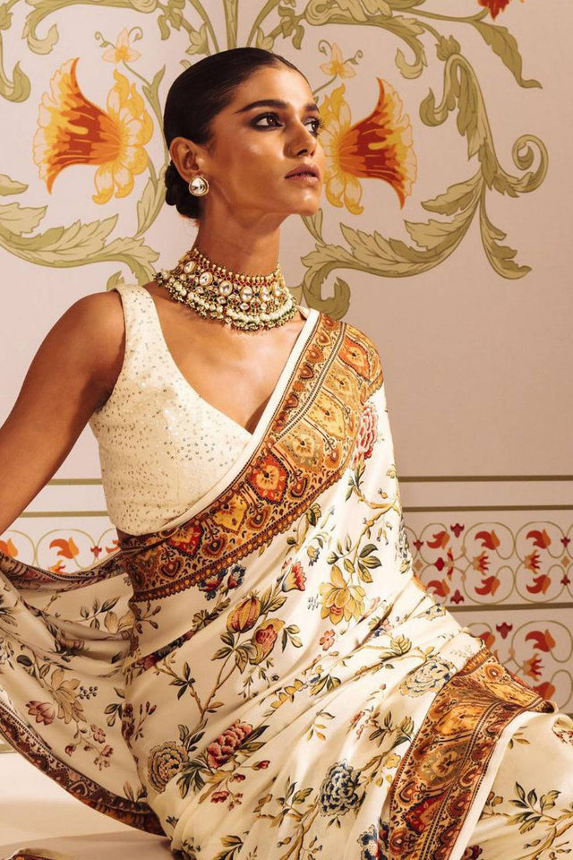 Cream Floral Printed Satin Saree