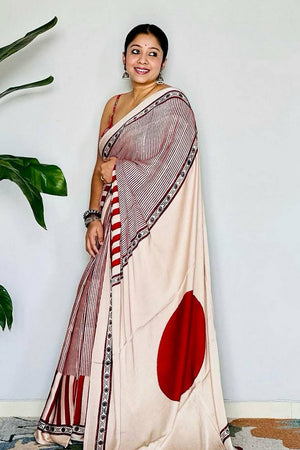 Red Printed Satin Saree