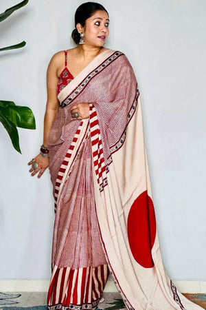 Red Printed Satin Saree