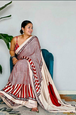 Red Printed Satin Saree