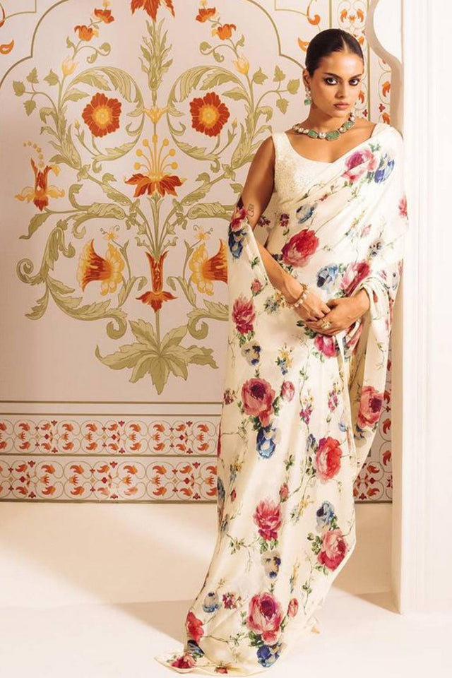 Cream Floral Printed Satin Saree