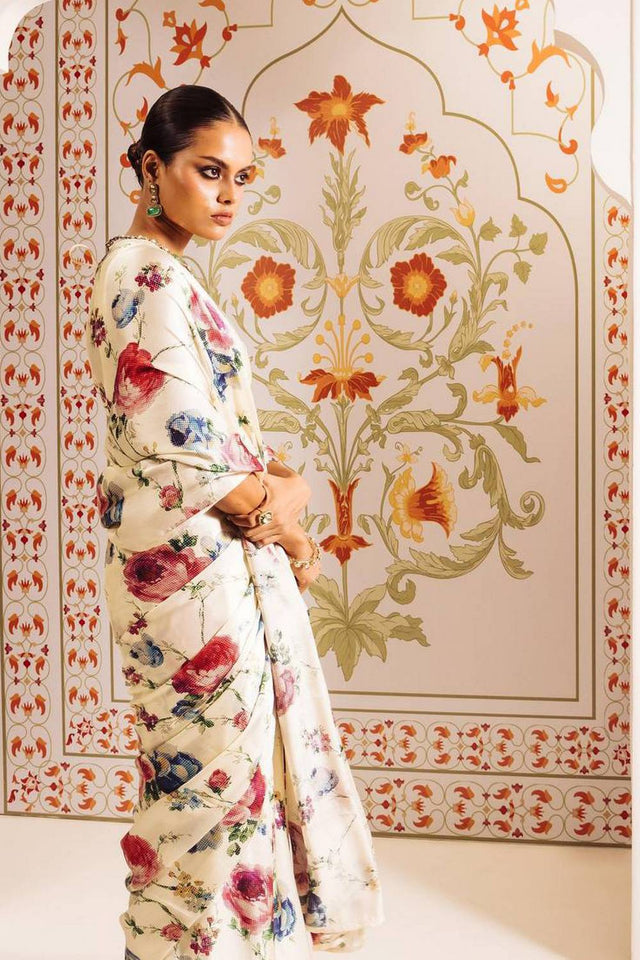 Cream Floral Printed Satin Saree