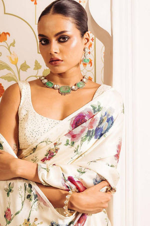 Cream Floral Printed Satin Saree