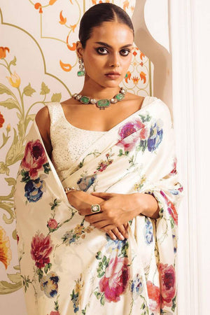 Cream Floral Printed Satin Saree