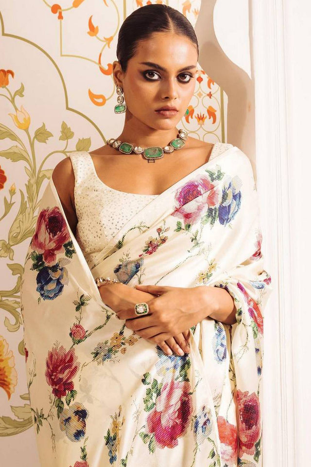 Cream Floral Printed Satin Saree