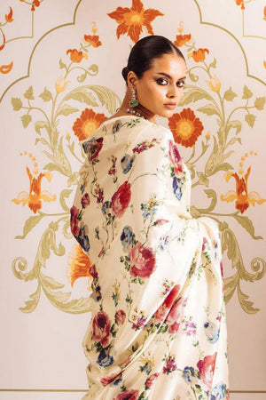 Cream Floral Printed Satin Saree