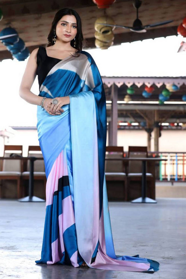 Multi Color Printed Satin Saree
