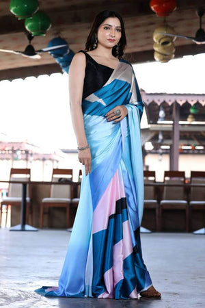 Multi Color Printed Satin Saree