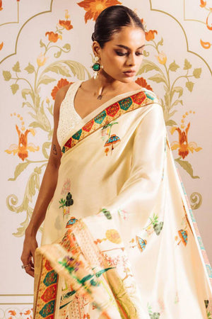 Cream Printed Satin Saree