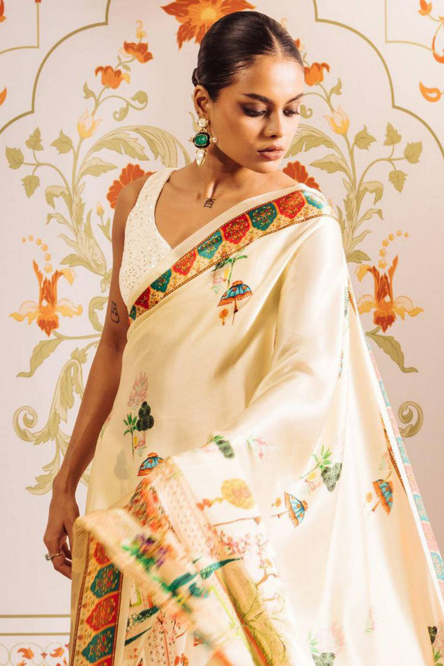 Cream Printed Satin Saree