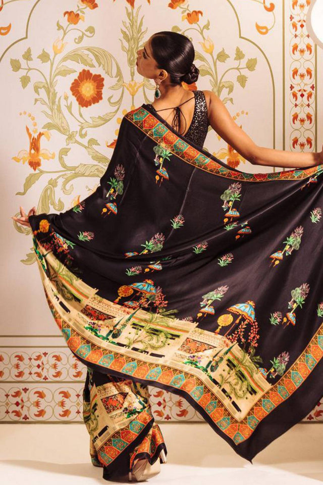 Black Printed Satin Saree