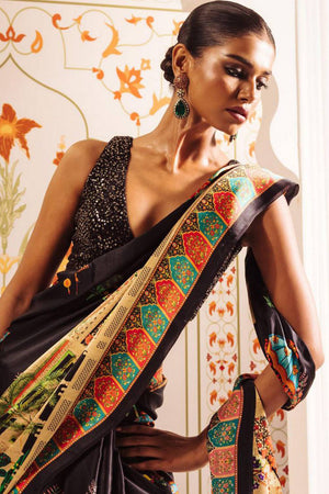 Black Printed Satin Saree