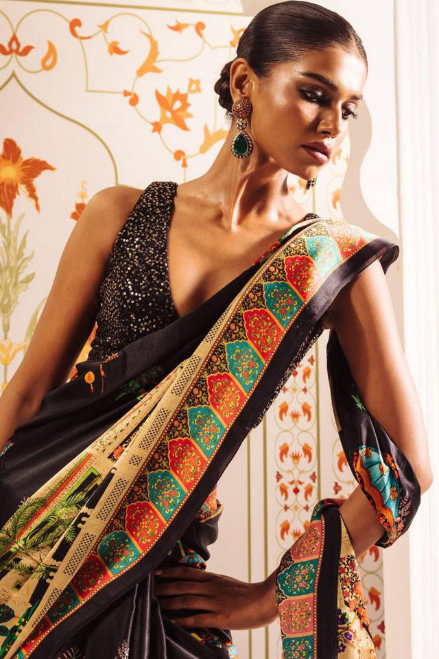 Black Printed Satin Saree
