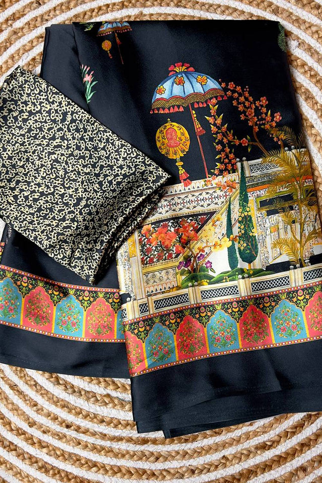 Black Printed Satin Saree