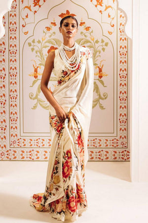 Cream Floral Printed Satin Saree