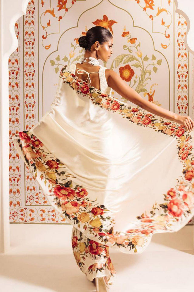 Cream Floral Printed Satin Saree