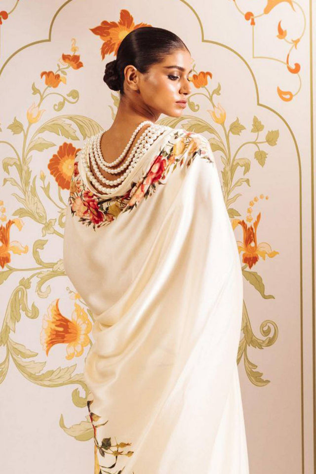 Cream Floral Printed Satin Saree