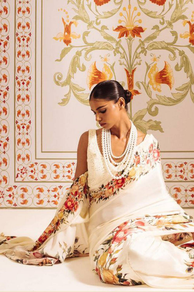 Cream Floral Printed Satin Saree