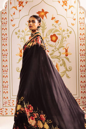 Black Floral Printed Satin Saree