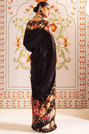 Black Floral Printed Satin Saree
