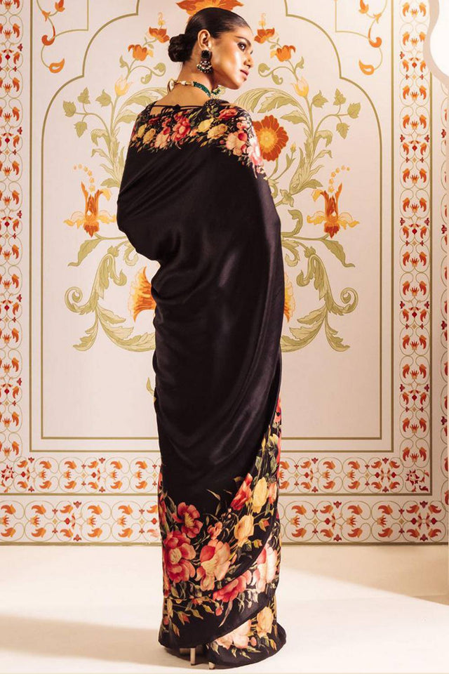 Black Floral Printed Satin Saree