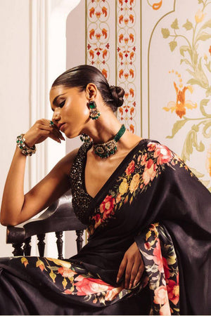 Black Floral Printed Satin Saree