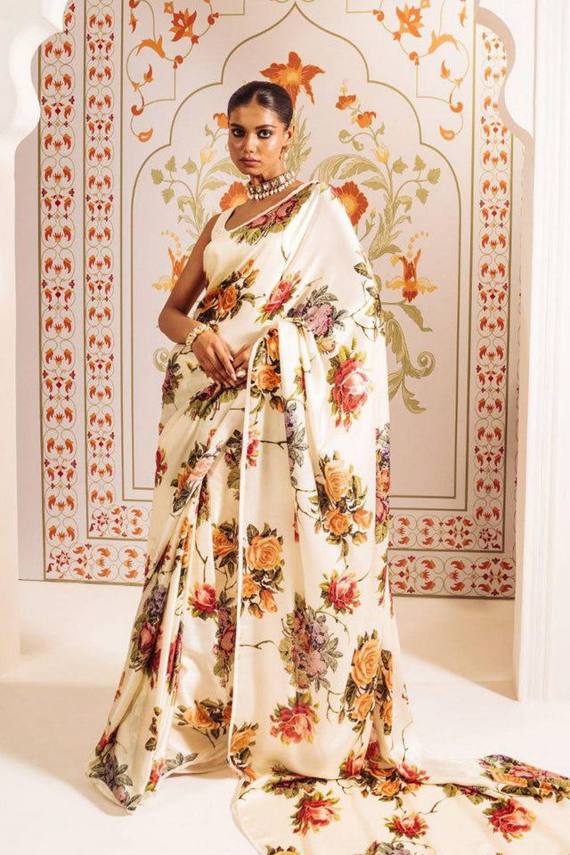 Cream Floral Printed Satin Saree