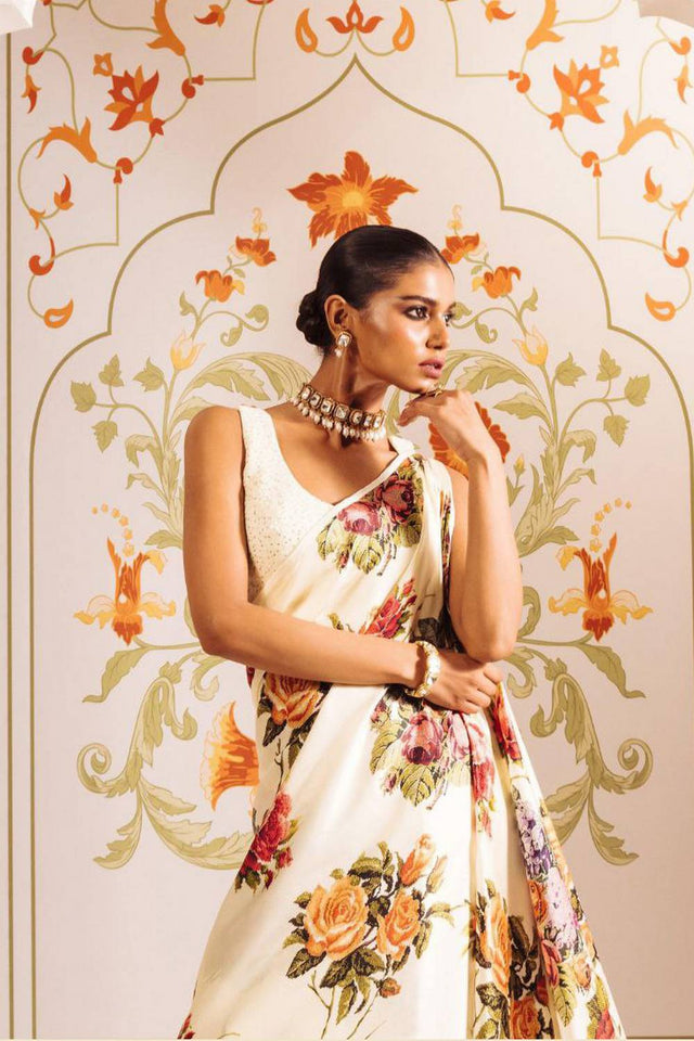 Cream Floral Printed Satin Saree