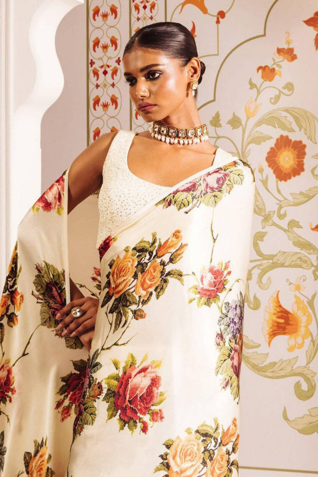 Cream Floral Printed Satin Saree