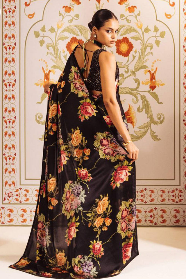 Black Floral Printed Satin Saree
