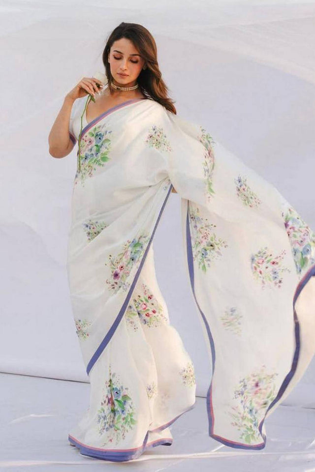White Floral Printed Satin Saree