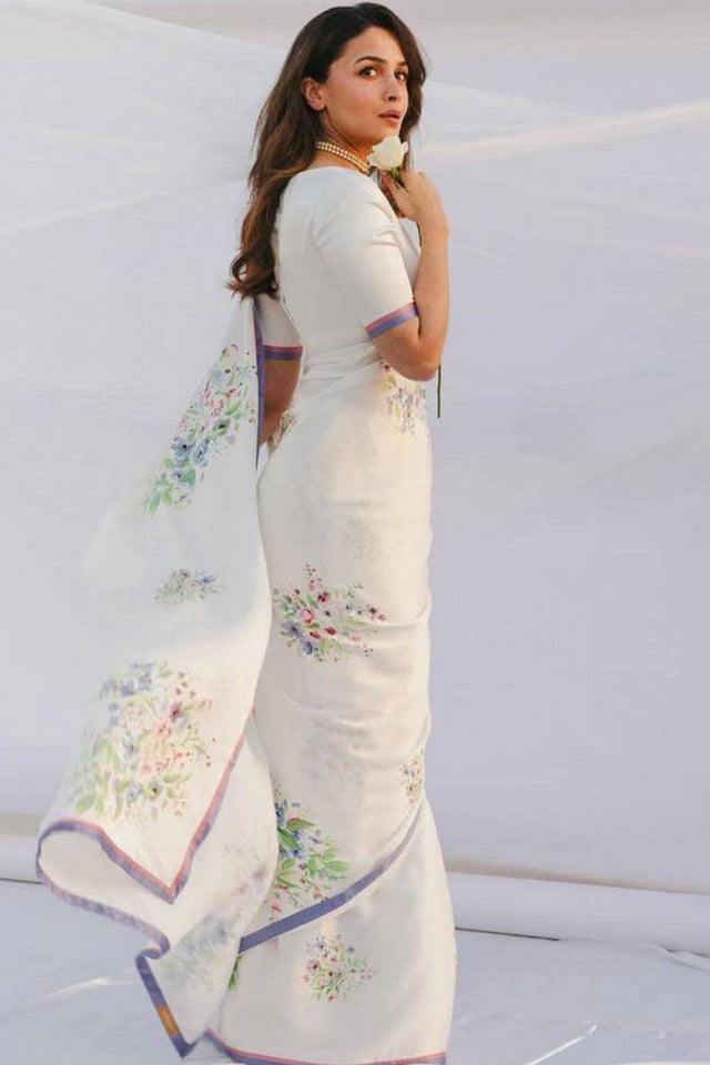 White Floral Printed Satin Saree