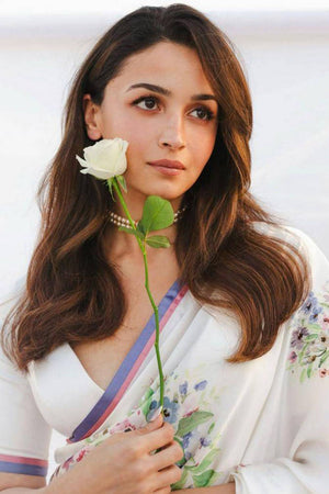 White Floral Printed Satin Saree