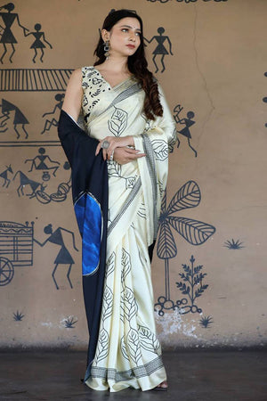 White Printed Satin Saree